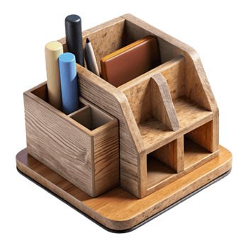 serene minimalist Wooden Desk Organizer with Supplies Cutout original png