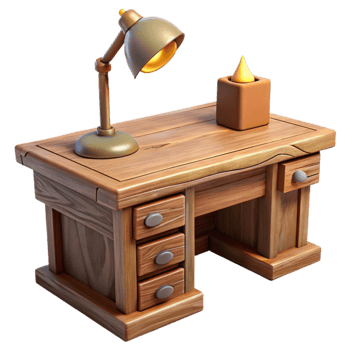 stunning artistic Wooden Desk with Lamp Front View Isolated professional png