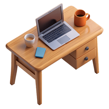 extraordinary artistic Wooden Desk with Laptop and Coffee Mug Top View Transparent Background detailed png