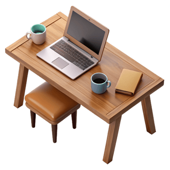 wonderful abstract Wooden Desk with Laptop and Coffee Mug Top View Transparent Background premium png