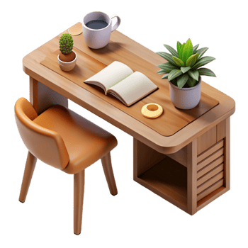 magnificent contemporary Wooden Desk with Plant and Coffee Mug Top View Transparent Background png