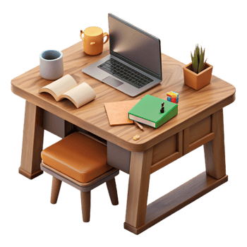vibrant vintage Wooden Desk with Stationery and Laptop Cutout authentic png