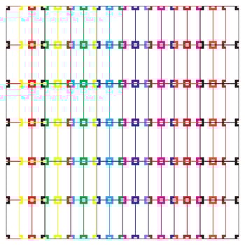 Colorful grid pattern with alternating vibrant lines and square icons, arranged in a repetitive, rhythmic design on a white background. vector