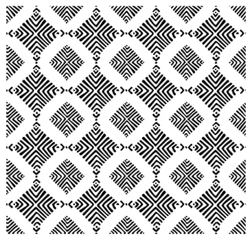 A geometric black and white pattern featuring intricate diamond shapes and wavy lines arranged in a repeating grid. vector