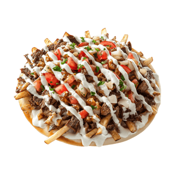 a plate of fries topped with cheese and sauce png