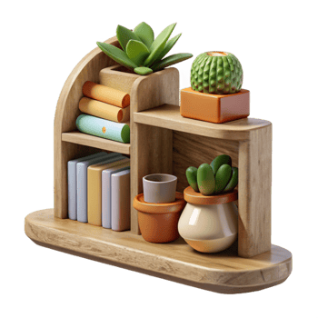 impressive artistic Wooden Shelf with Books and Plants Cutout premium png