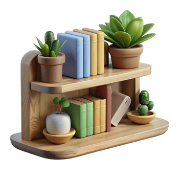 magnificent classic Wooden Shelf with Books and Plants Cutout premium png