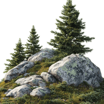 3d rendering of a mountain with rocks and trees png