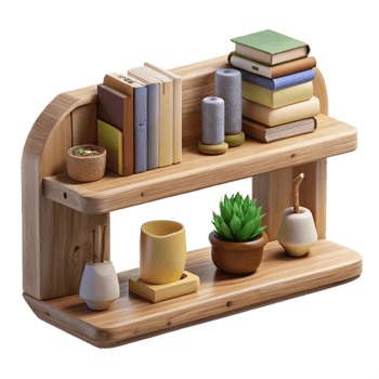 vibrant rustic Wooden Wall Shelf with Books and Decor Transparent Background high resolution png