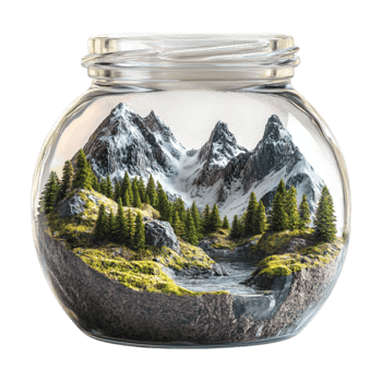 jar with a mountain landscape inside png