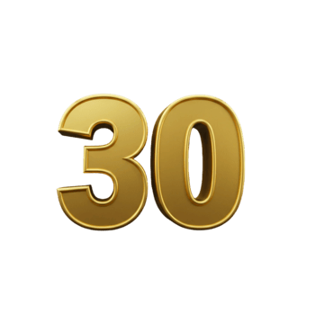 The number thirty in gold 3d design png