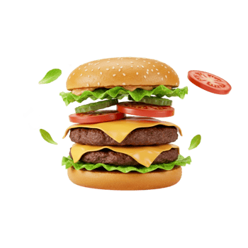 A hamburger with cheese, lettuce and tomatoes png