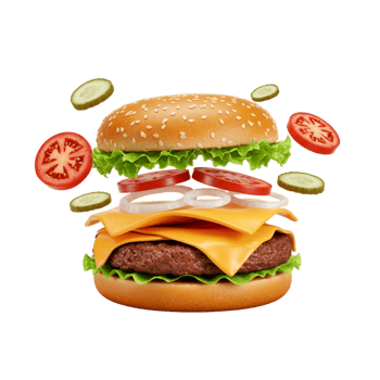 A hamburger with cheese, tomatoes and onions png