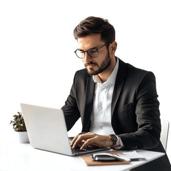 a man in a suit and glasses is working on his laptop png