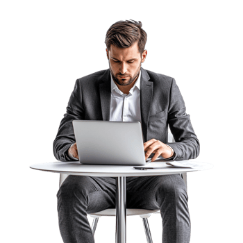 businessman sitting at table with laptop on transparent background png