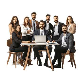 business people standing around a table with laptop png