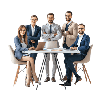 business people standing around a table with laptops png