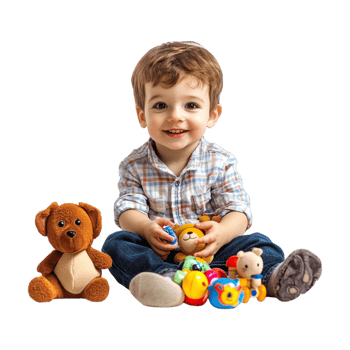 a young boy sitting with his toys on a transparent background png