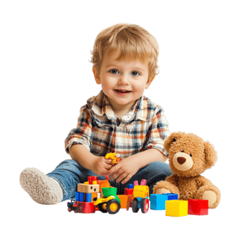 a young boy sitting with a teddy bear and playing with toys png