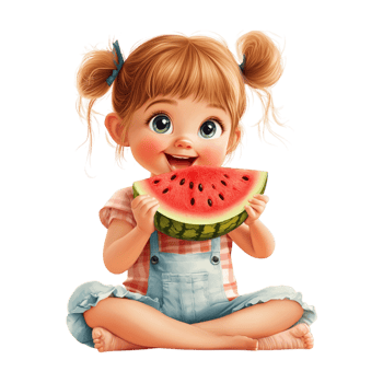 little girl eating watermelon on transparent background png