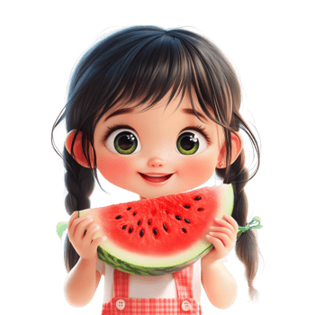 cartoon girl holding watermelon, transparent background png