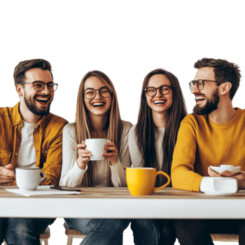group of friends sitting at table with coffee and smiling png