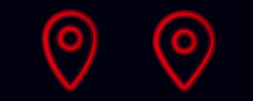 Glowing red location pins with inner circles against vector