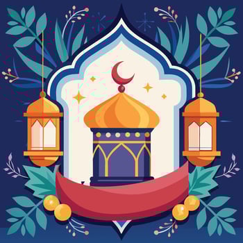 Festive Islamic illustration with mosque dome, crescent moon, stars, lanterns, and floral elements. vector