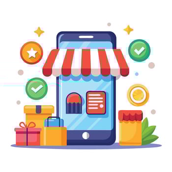 Mobile phone with online shop awning, gifts, and boxes representing online shopping. vector