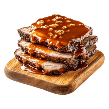 Juicy Barbecue Brisket Stacked with Sauce Wooden Cutting Board png