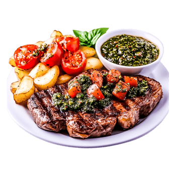 Grilled Steak with Chimichurri Sauce and Sides of Potatoes and Tomatoes png