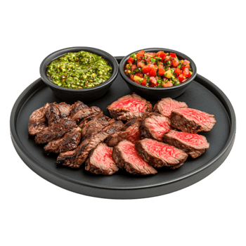 Grilled Beef with Fresh Salsa and Green Sauce on Black Plate png