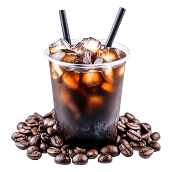 Refreshing Cold Brew Coffee in Clear Cup with Ice and Coffee Beans Surrounding png