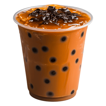 Creamy Caramel Bubble Tea with Chocolate Shavings on Top in Clear Cup png
