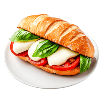 Freshly Made Sandwich with Mozzarella, Tomatoes, and Basil on Plate png