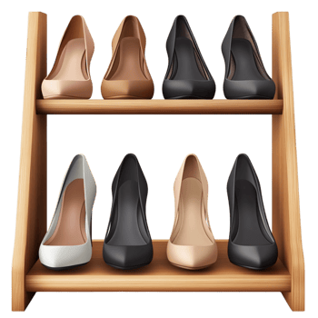 Wooden shoe rack with black and beige high heel shoes png