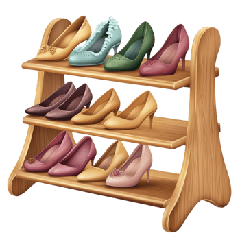 Elegant wooden shoe rack with stylish high heels png