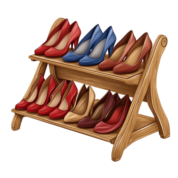 Multi-tier wooden shoe rack with colorful high heels png