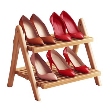 Wooden shoe rack with red high heel shoes png