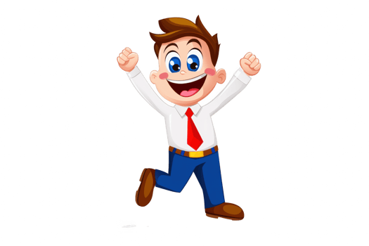 A Happy cartoon boy celebrating with raised arms, wearing white shirt and red tie, blue pants, and brown shoes, expressing joy and excitement png