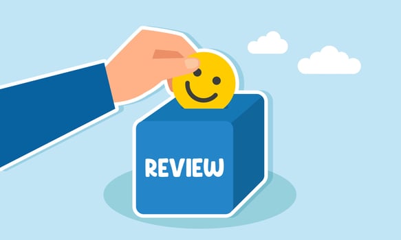 A hand inserts a smiling emoticon into a box labeled REVIEW, illustration of giving suggestions and input on business experience reviews vector