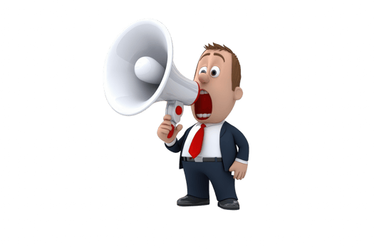 A cartoon businessman shouting into megaphone, expressing enthusiasm and urgency png