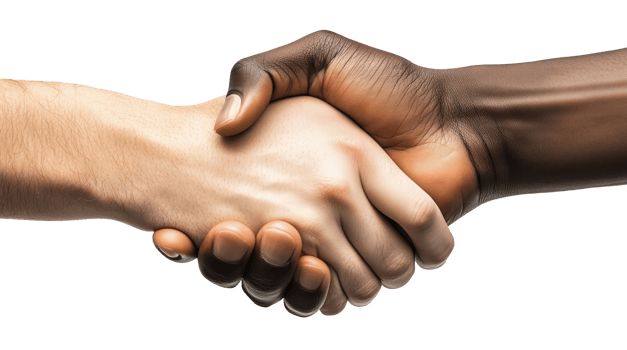 Two hands shaking, one white and one dark-skinned, isolated on a transparent background png
