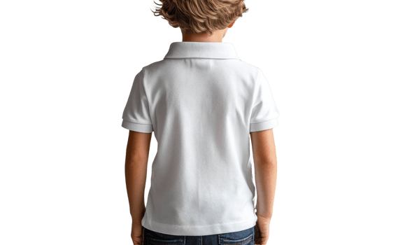 child wearing white polo shirt, viewed from back, stands confidently png