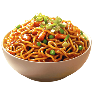 Bowl of stirfried noodles garnished vegetables herbs png