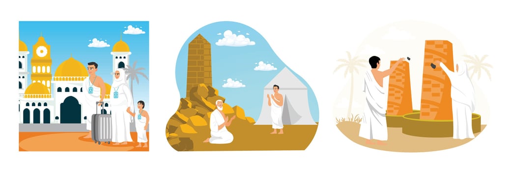 Three scenes depicting pilgrimage activities in an illustrative art style. vector