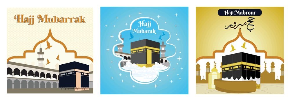 Traditional Hajj Mubarak greetings with Kaaba illustration and Islamic designs. vector
