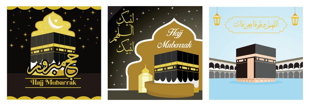 Hajj Mubarak greeting card designs featuring Kaaba and festive decorations. vector