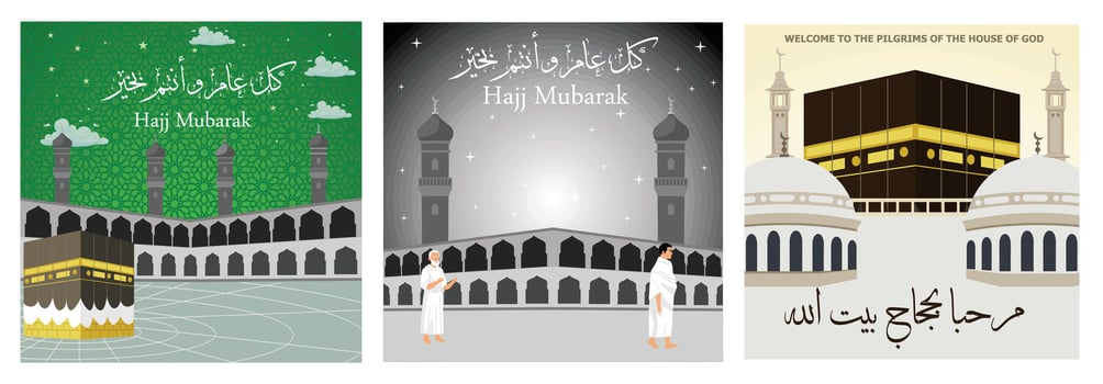 Hajj celebration greeting posters depicting pilgrims and the holy Kaaba. vector