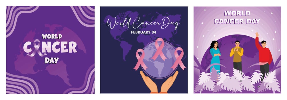 World Cancer Day Awareness posters featuring symbolic representations and illustrations. vector